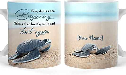 Taza personalizada inspiradora de tortuga marina "Cada día es un nuevo comienzo"