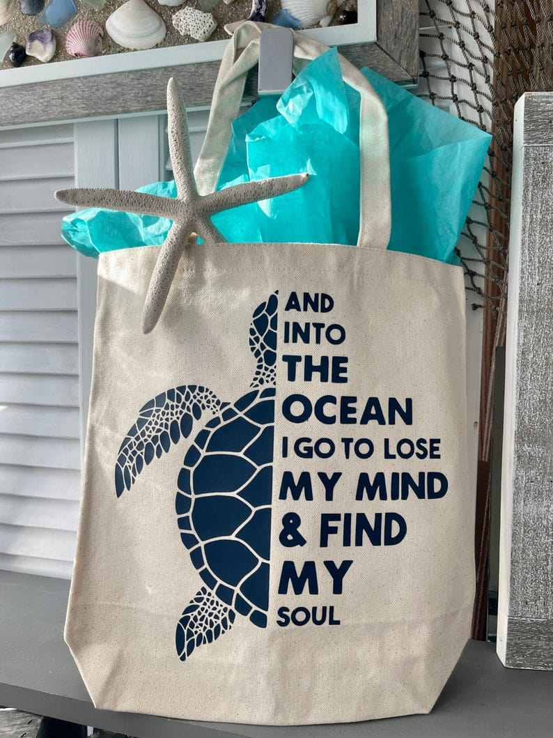 And Into The Ocean I Go To Lose My Mind & Find My Soul Sea Turtle Canvas Bag Navy