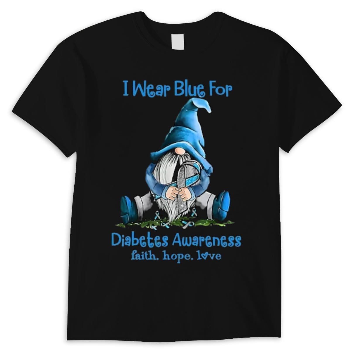 Me visto de azul para concientizar sobre la diabetes. Camiseta de gnomo con lazo azul para la diabetes. Paz, amor y curación