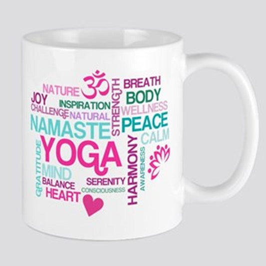 Tazas con mapa de letras de yoga