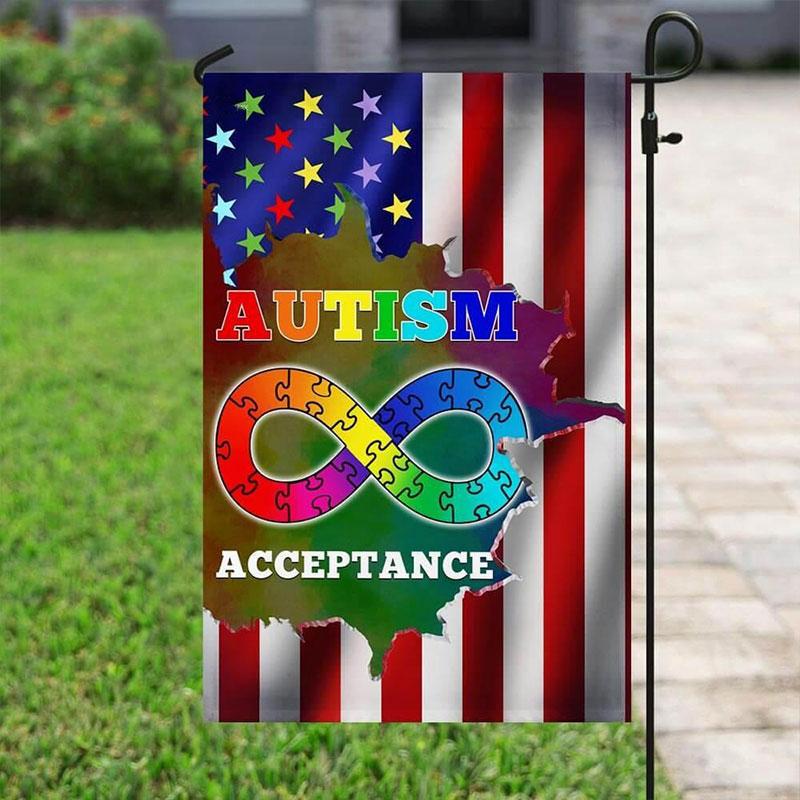 Bandera para casa y jardín de la conciencia estadounidense del orgullo por la aceptación del autismo, pieza de rompecabezas infinita