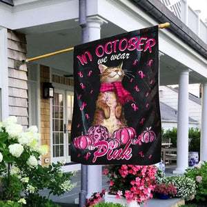 In October We Wear Pink, Ribbon Cat, Breast Cancer Awareness Flag, House & Garden Flag