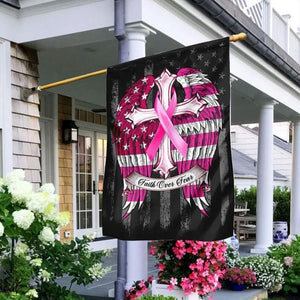 Faith Over Fear, Pink Ribbon Cross Wings, Breast Cancer Awareness Flag, House & Garden Flag