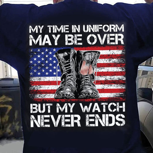 Mi tiempo en uniforme puede haber terminado, pero mi guardia nunca termina. Zapatos con bandera estadounidense, camiseta de veterano