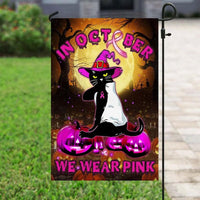In October We Wear Pink, Halloween Cat, Breast Cancer Awareness Flag, House & Garden Flag