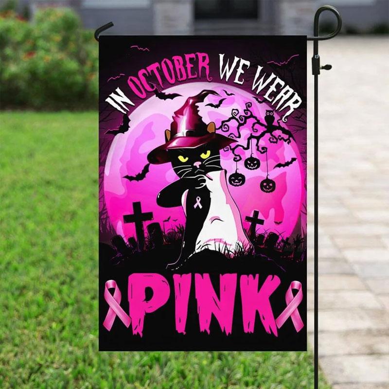 In October We Wear Pink, Halloween Cat Ribbon, Breast Cancer Awareness Flags, House & Garden Flag