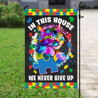 In This House We Never Give Up, Puzzle Piece Cat, Autism Awareness Flag, House & Garden Flag
