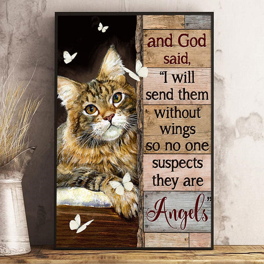 Y Dios dijo: Los enviaré sin alas Póster conmemorativo de gato, lienzo