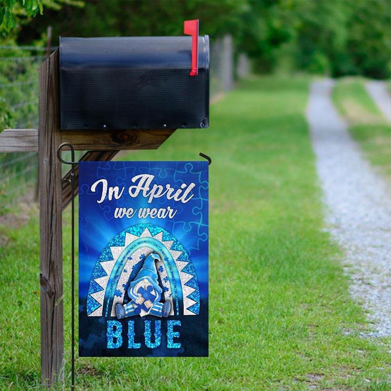 In April We Wear Blue, Rainbow Gnome, Autism Awareness Flag, House & Garden Flag