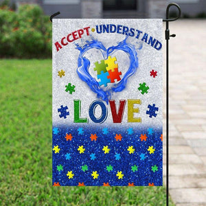 Bandera para casa y jardín de concienciación sobre la aceptación del autismo, pieza de rompecabezas en forma de corazón