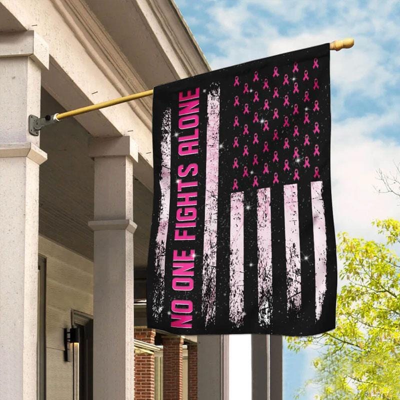 No One Fights Alone, Pink Ribbon, Breast Cancer Awareness American Flag, House & Garden Flag