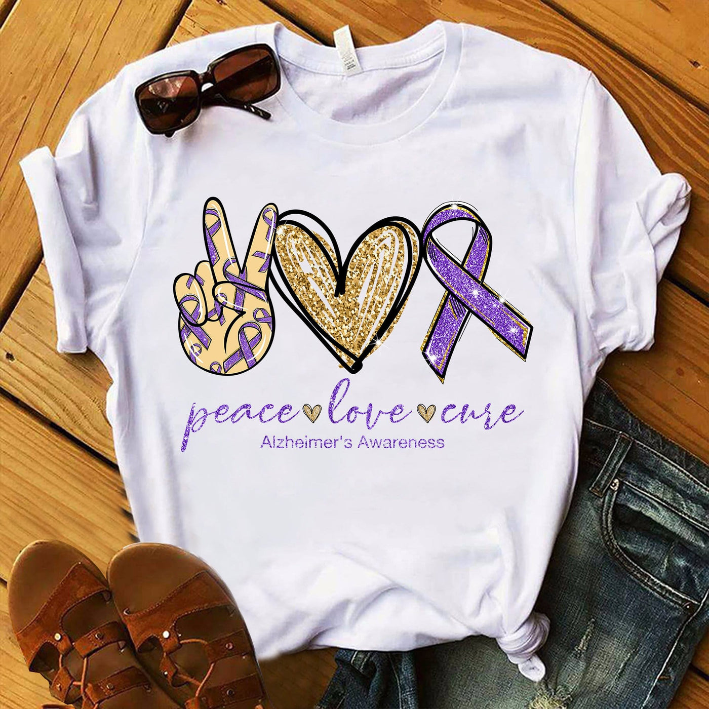 Peace Love Cure, Purple Ribbon Heart, Alzheimer's Awareness Shirt