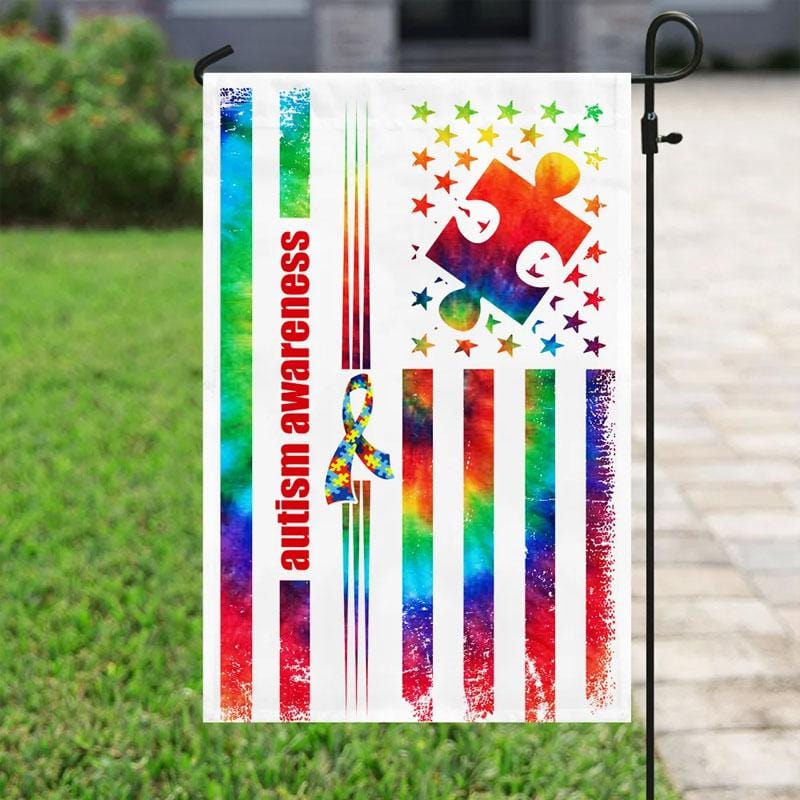 Puzzle Piece Ribbon Tie Dye, Autism Awareness Flag, House & Garden Flag