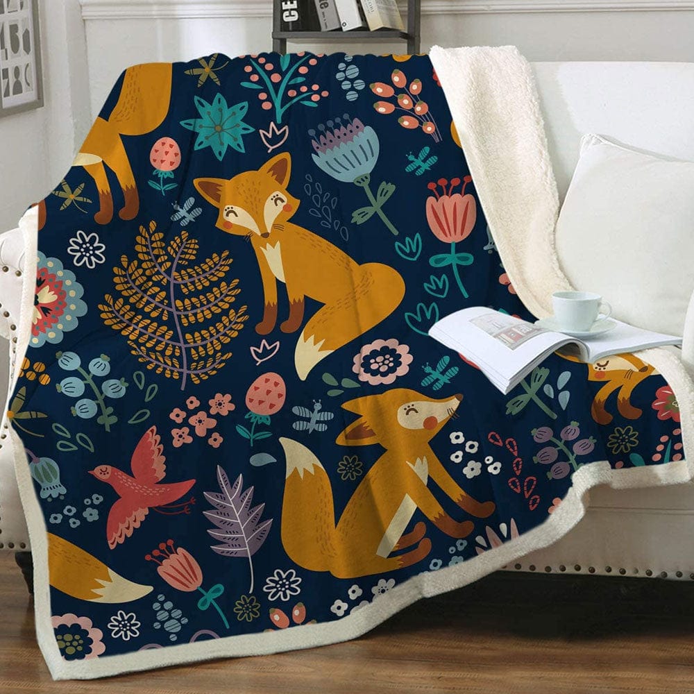 Manta de vellón y sherpa con diseño de zorro y flores