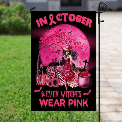 En octubre, hasta las brujas visten de rosa, bandera de Halloween para concienciar sobre el cáncer de mama, bandera para casa y jardín
