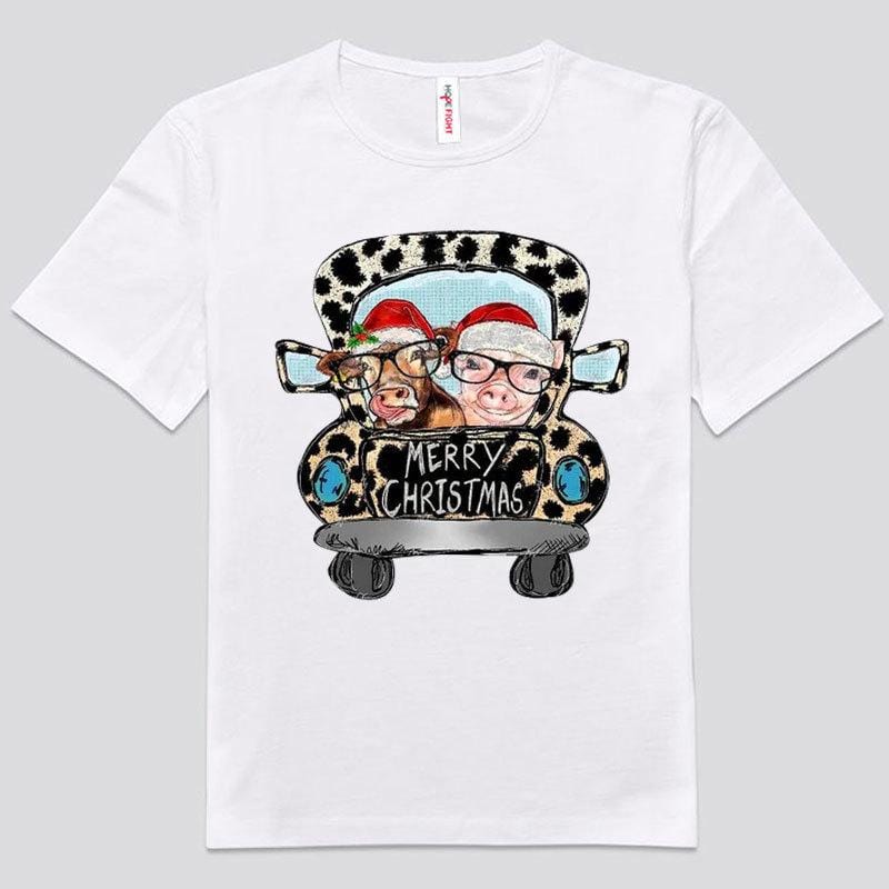 Camisetas navideñas con estampado de vaca y cerdo y leopardo
