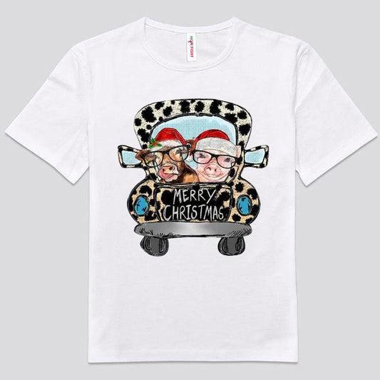 Camisetas navideñas con estampado de vaca y cerdo y leopardo