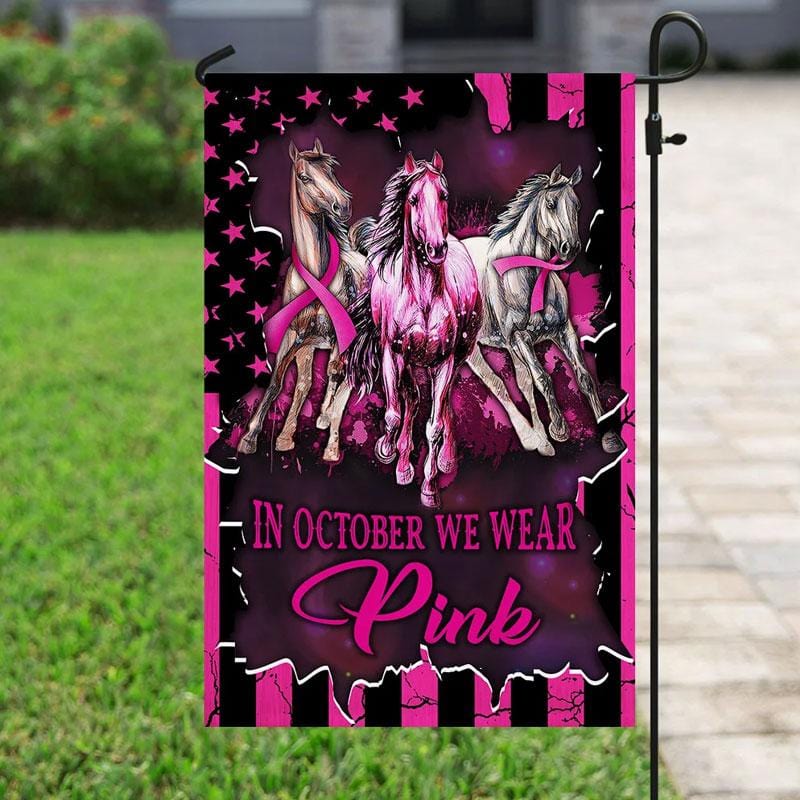 En octubre usamos rosa, caballo con lazo, bandera de concientización sobre el cáncer de mama, bandera para la casa y el jardín