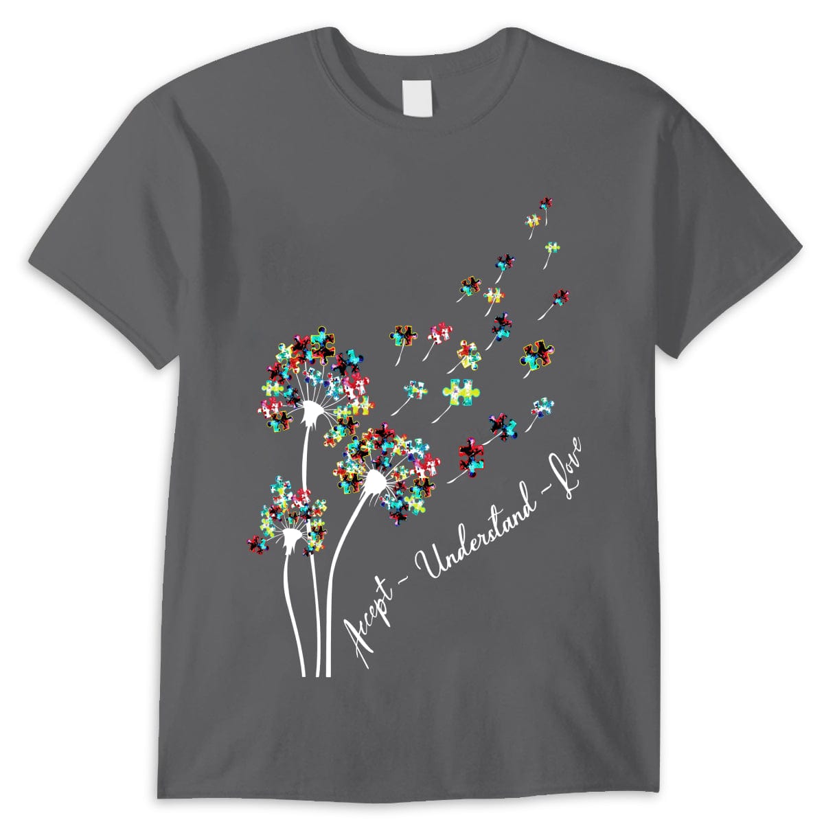 Camiseta de concienciación sobre la aceptación del autismo, aceptar, comprender, amar, pieza de rompecabezas, diente de león
