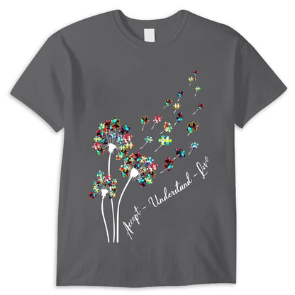 Camiseta de concienciación sobre la aceptación del autismo, aceptar, comprender, amar, pieza de rompecabezas, diente de león