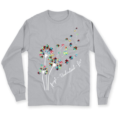 Camiseta de concienciación sobre la aceptación del autismo, aceptar, comprender, amar, pieza de rompecabezas, diente de león
