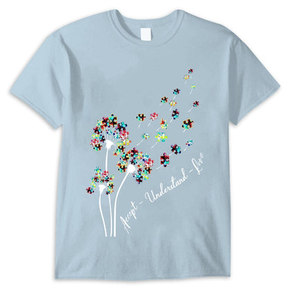 Camiseta de concienciación sobre la aceptación del autismo, aceptar, comprender, amar, pieza de rompecabezas, diente de león