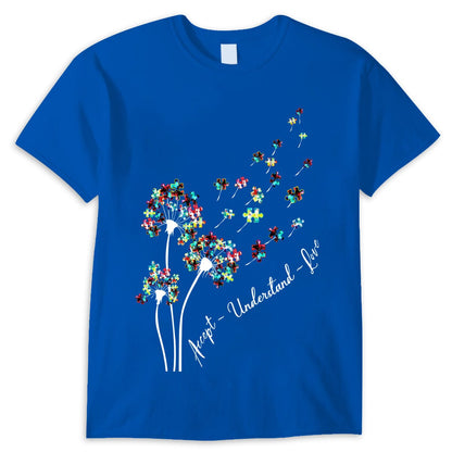 Camiseta de concienciación sobre la aceptación del autismo, aceptar, comprender, amar, pieza de rompecabezas, diente de león