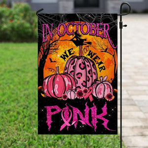 In October We Wear Pink, Halloween Pumpkin, Breast Cancer Awareness Flag, House & Garden Flag