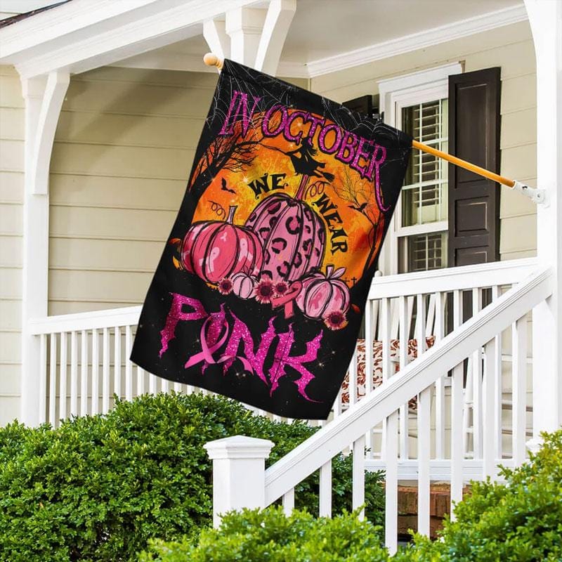 In October We Wear Pink, Halloween Pumpkin, Breast Cancer Awareness Flag, House & Garden Flag