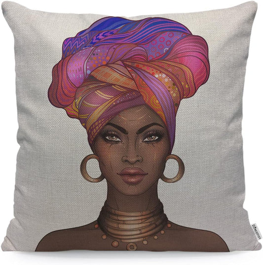 Bonita mujer negra con labios brillantes y turbante Almohada afroamericana