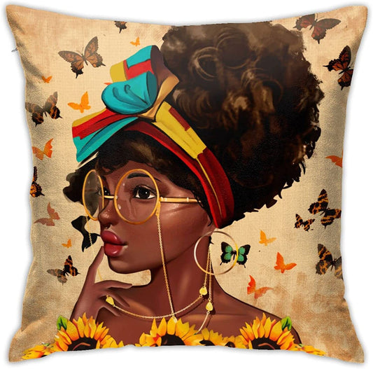 Almohada de mujer afroamericana con girasoles y mariposas