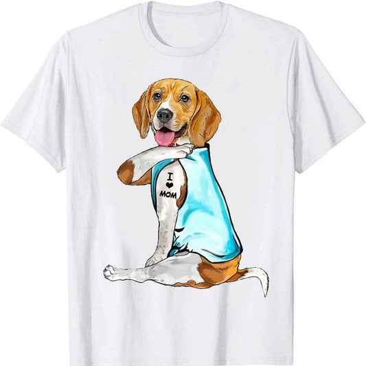 Beagle con camiseta azul Amo a mamá, camisetas divertidas de Beagle