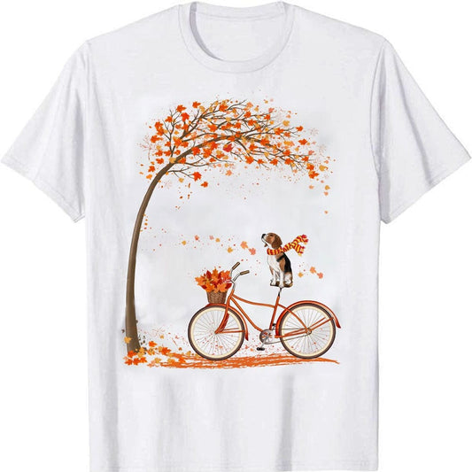 Camisetas divertidas con diseño de Beagle en bicicleta y hojas de arce otoñales