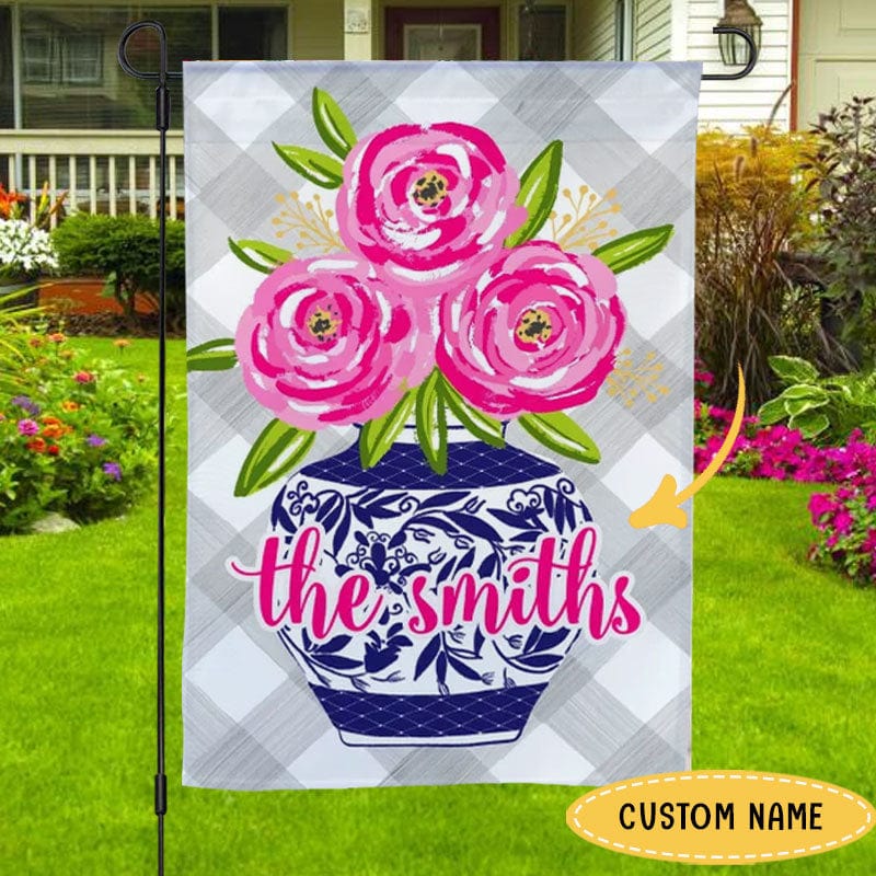 Bandera personalizada para casa y jardín con arte floral y nombre de familia