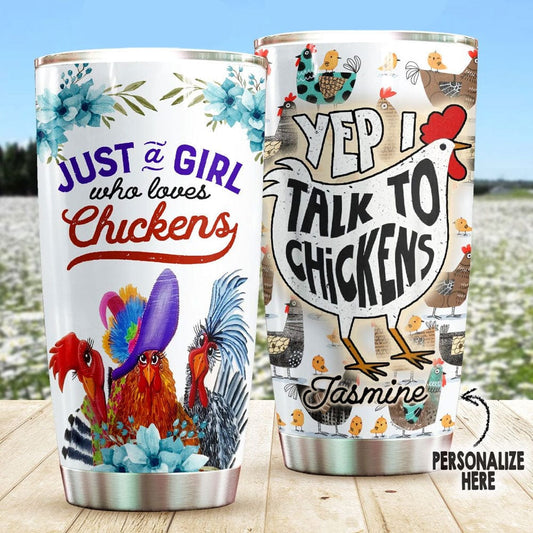 Vaso de pollo personalizado con la frase "Sí, hablo con los pollos"