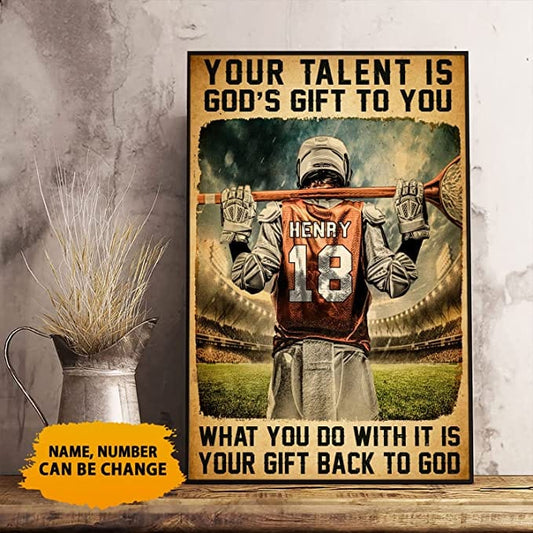 Póster de lacrosse personalizado "Tu talento es el regalo de Dios para ti"