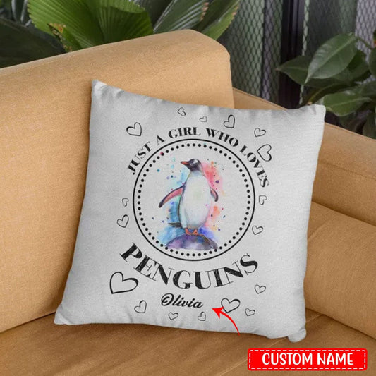 Almohada personalizada con el texto "Just A Girl Who Loves Penguin"