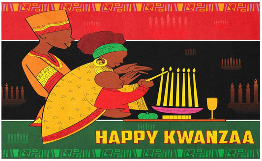 Felpudo de Ambesonne con una familia afroamericana, ilustración caligráfica de feliz Kwanzaa, celebración de las fiestas