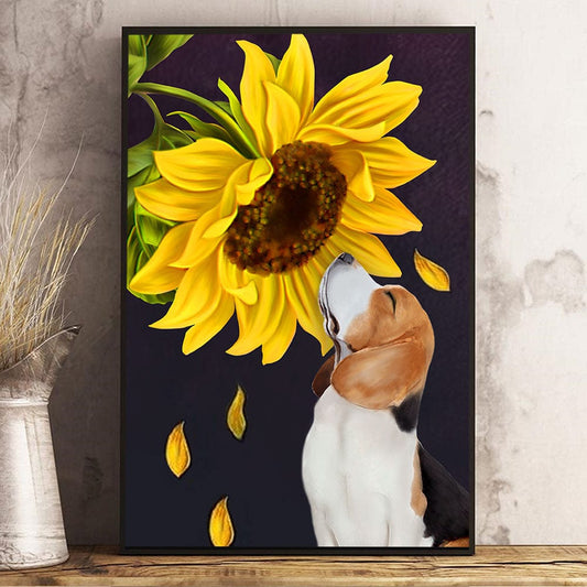 Póster de Beagle, arte de Beagle con girasol, impresión artística de pared en lienzo de Beagle