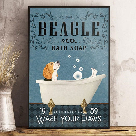 Póster de Beagle, jabón de baño Beagle &amp; Co. Lávate las patas. Beagle bañándose. Impresión artística divertida en lienzo de Beagle
