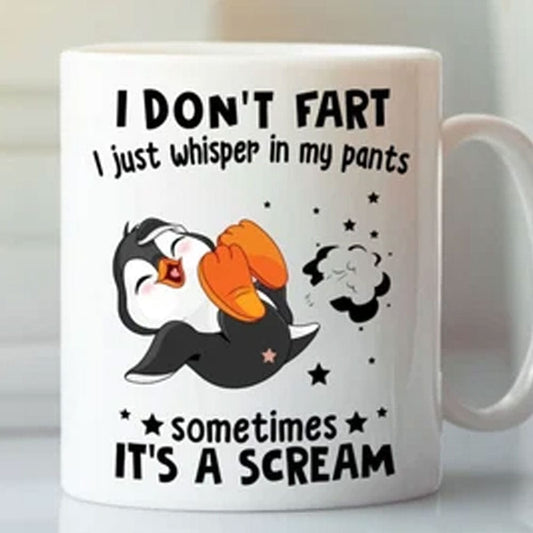 Tazas de pingüinos que dicen "no me tiro pedos"