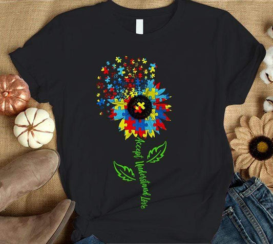 Camiseta de aceptación del autismo, aceptar, comprender, amar, pieza de rompecabezas, girasol