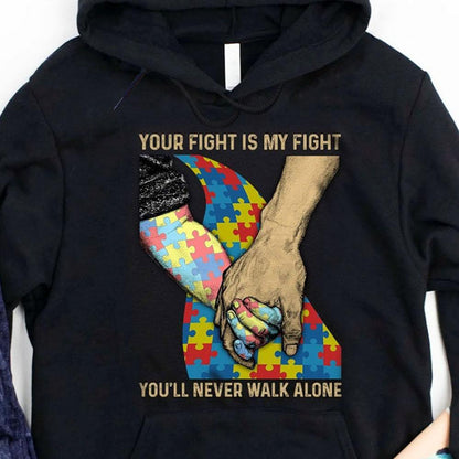 Camiseta de concienciación sobre el autismo para papá, tu lucha es mi lucha, nunca caminarás solo, pieza de rompecabezas hecha a mano