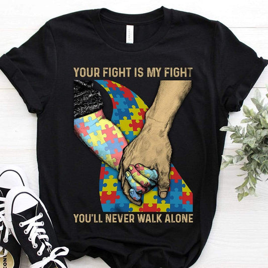 Camiseta de concienciación sobre el autismo para papá, tu lucha es mi lucha, nunca caminarás solo, pieza de rompecabezas hecha a mano