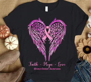 Faith Hope Love With Wings Heart & Ribbon, Breast Cancer Long Sleeve Shirts