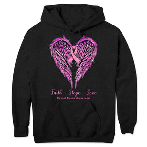 Faith Hope Love With Wings Heart & Ribbon, Breast Cancer Hoodie, Shirts