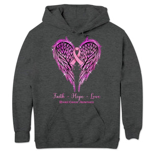 Faith Hope Love With Wings Heart & Ribbon, Breast Cancer Long Sleeve Shirts