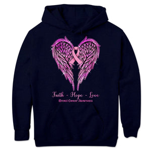 Faith Hope Love With Wings Heart & Ribbon, Breast Cancer Hoodie, Shirts