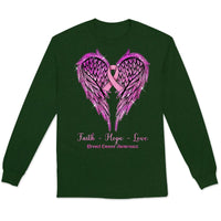 Faith Hope Love, Wings Heart And Ribbon, Breast Cancer Survivor Awareness T Shirt