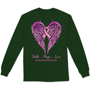 Faith Hope Love With Wings Heart & Ribbon, Breast Cancer Long Sleeve Shirts